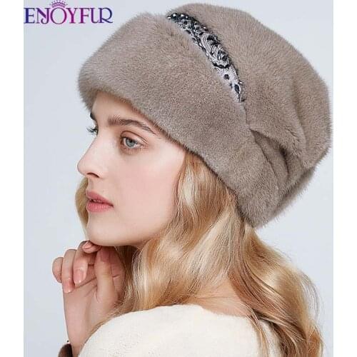 ENJOYFUR women winter whole mink fur hats natural high quality mink caps warm russia female elegant princess rhinestone beanies