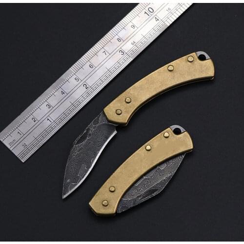Damascus Folding Knife Brass Handle Small Curved Knife Portable Pocket Knife Outdoor Knife Sharp Out Of The Box Fruit Knife