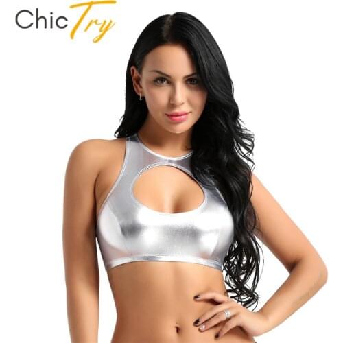 ChicTry Women Shiny Faux Leather Sleeveless Dance Crop Tops Festival Rave Club Party Stage Pole Dance Costume Slim Fit Sexy Tops