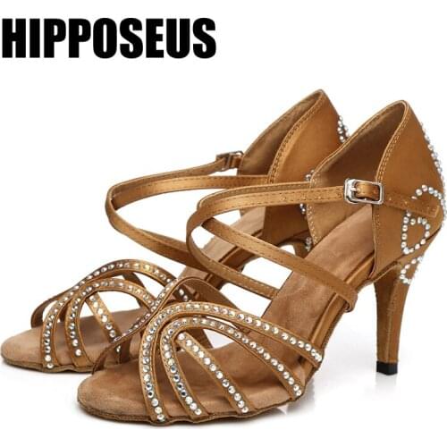 Hipposeus Girls Latin Dance-Shoes Women Ballroom Dance Shoes Ladies Modern Tango Dancing Shoes Rhinestone Brown Salsa Sandals