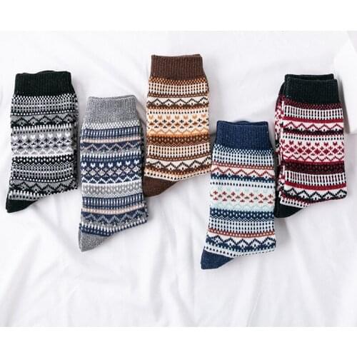 High Quality 5Pairs/Lot Mens Wool Socks Winter Warm Thick Striped Solid Color Middle Tube Male New Long Socks Wholesale