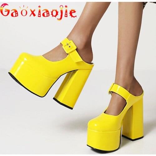 Closed Round Head Womens Sandals 2021 New Chic Cingulum Slippers 14CM Model Stage Show Platform High Heel Shoes Yellow Green