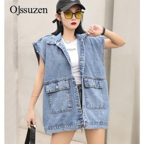 New 2021 Womens Denim Vest Long Outwear Loose Vintage Coat Casual Big Pocket Jean Vest For Ladies Summer Autumn Wear