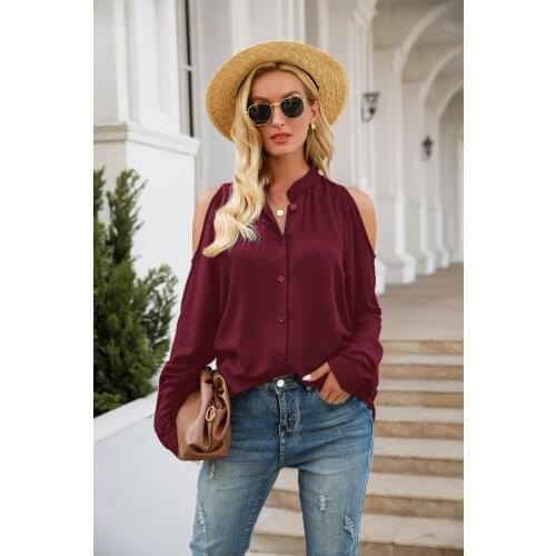 Womens 2021 Summer Black Cotton Round Neck Trend Puff Sleeve Long Sleeve Single Breasted Solid Color Shirt Women