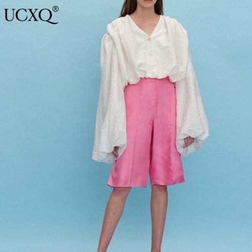 UCXQ Woman Shirt White Solid Hollow Out Split Long Puff Sleeve V Collar Single Breasted Casual Style 2021 Autumn Fashion23XF593