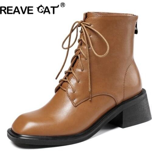REAVE CAT Winter Retro Cute Square Toe 4cm Heel Boots British Genuine Leather Strap Lace Up Ankle Bootas Zip Yellow Beige 42 43
