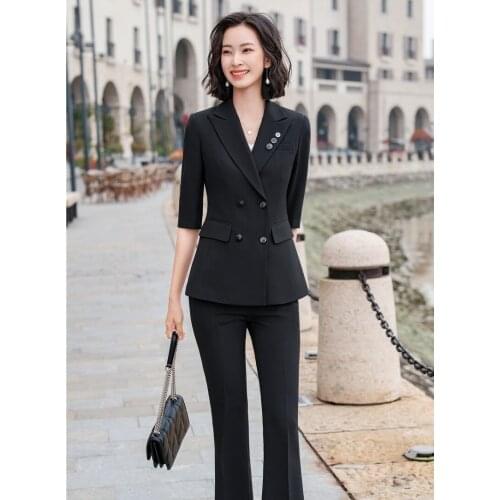 High Quality Fabric Elegant Black Half Sleeve Formal Women Business Suits OL Styles Blazers Ladies Office Work Wear Pantsuits