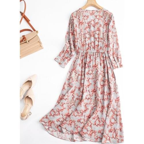 Womens 100% Mulberry Silk V neck Long Sleeve Gray Floral Printed Long Dress with belt L XL JN615