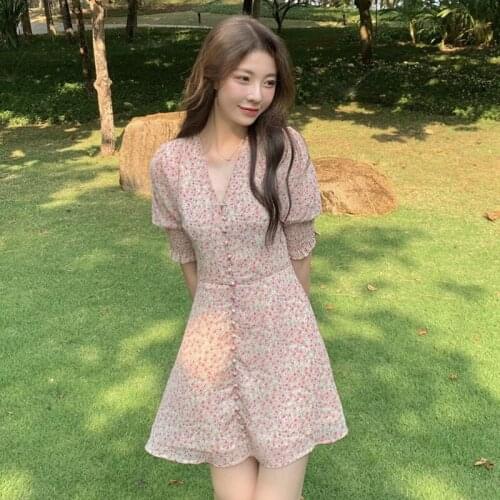 2021 Elegant Floral Dress Women Sweet Korean Vintage Temperament Cuaual Sexy Mini Dress Chiffon V-Neck Party Beach Summer Dress
