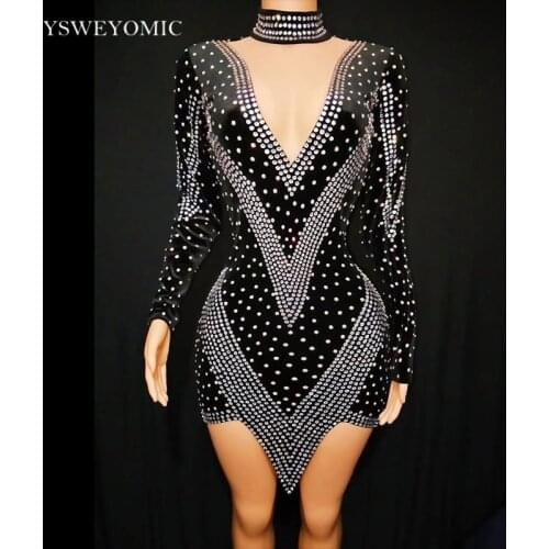 New Women Silver Crystals Black Velvet Long Sleeve Short Dress Evening Outfit Prom Birthday Dresses Dance Costume Stage Wear