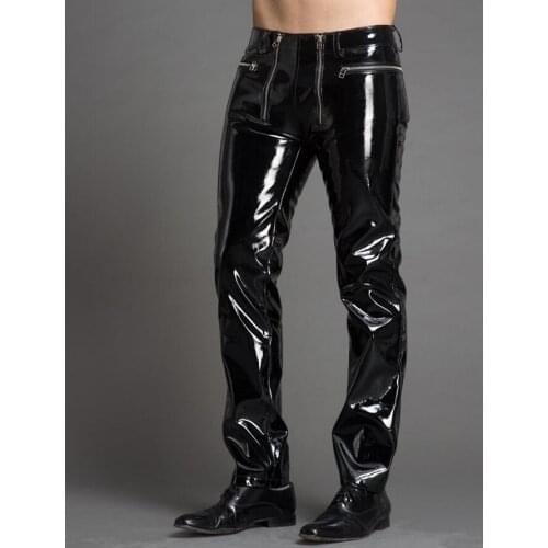 29-39 ! Mens New Stage Slim Japanned Leather Pants Fashion Personality Double Zipper Leather Pants Singer Costumes Trousers