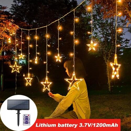 3.7V/1200mAh Solar Panel Curtain Light Stars 138LED String Light Outdoor Remote Waterproof Decorate Christmas Party Garden Light