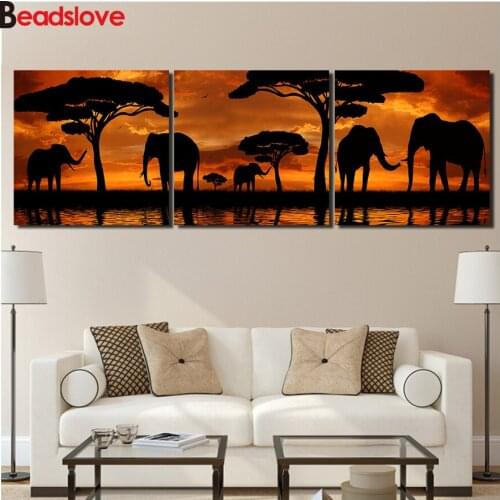 3 Pieces 5d Diamond Painting Cross Stitch Full Square/Round animal Elephant Silhouette dusk view Diamond Mosaic Kit puzzles