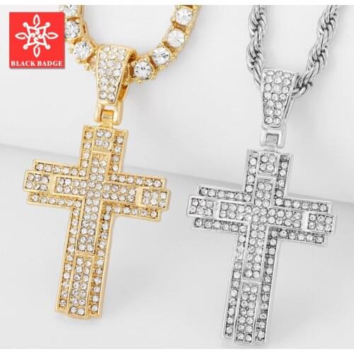 Hip Hop Cross Pendant Chain For Men Tennis With Cross Pendant Necklace Chain Silver Color Bling Pave Rhinestones Necklace