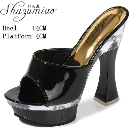 Girl Outside Peep Toe Slippers Stripper Hoof High Heels Patent Leather Womens Shoes Party Club 15 CM Platform Nightclub Show