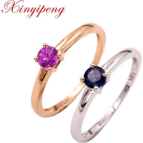 Xin yi peng 18 k gold inlaid natural round sapphire ring women ring simple and easy anniversary gift