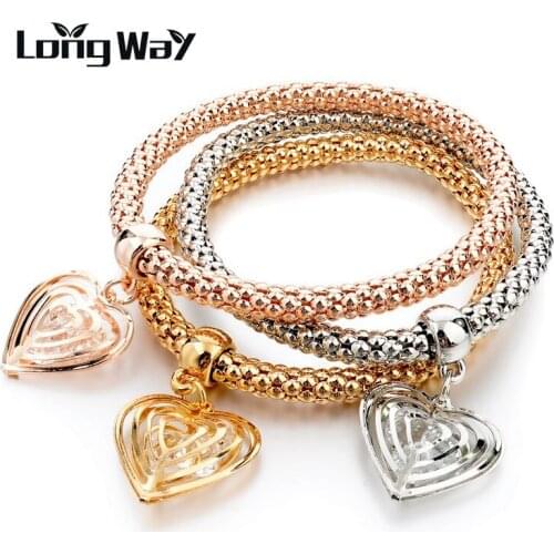 LongWay Vintage Heart Pendants Crystal Bracelets Bangles Love Brand Elastic Charm Gold Color Chain Women Bracelets Sbr150371