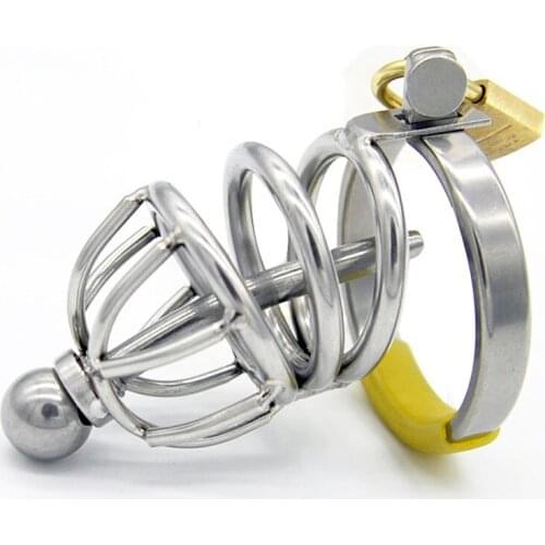 Stainless steel male chastity cage with urethral plug metal cock ring penis cage cbt chastity device sex toys for men cock lock