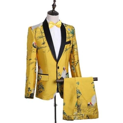 Chinese Style Mens Gold Jaquard Suits Fashion Latest Mens Tuxedo Coat Party Stage Prom Blazers Suit 2 Pieces Jacket Pants