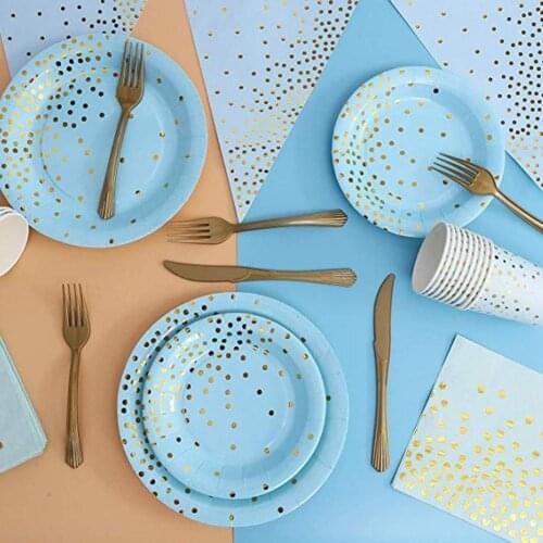 1 Set Dinner Plate Set Bronzing Dot Blue Disposable Paper Food Grade Materials Dinner Fork Supplies For Birthday Household