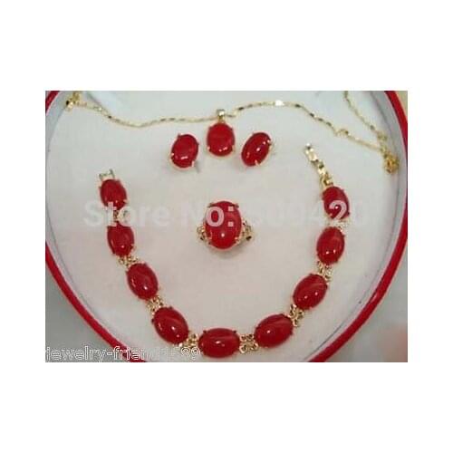 Good Wholesale>Red jade Bracelet earring Pendant Necklace Set +good chain