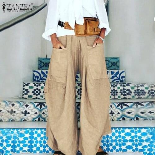 2021 Autumn Solid Wide Led Pants ZANZEA Women Casual Elastic Waist Harem Trousers Fashion Pockets Party Long Pantalon Femme Robe