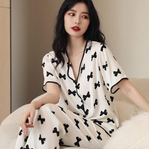 Short Sleeve Pajamas With Trousers For Women Satin Nightwear Comfy Casual Home Clothes Print Lapel Sleepwear 2CPS Pjs Sets