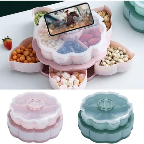 Plastic Lazy Fruit Dish Double Layers Snack Box Candy Plates Petal-shape Rotating Trays Box Dried Fruit Storage Organizer Box