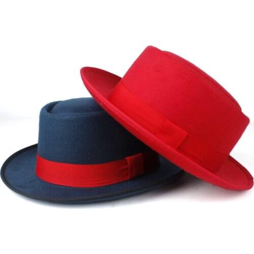 2019 Unisex Men Women Pork Pie Hat with Red Ribbon Pop Jazz Hat Wool Flat Fedora Hat Size 58CM
