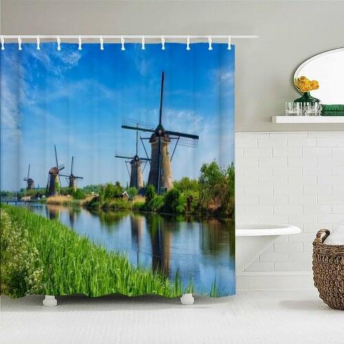 3D Natural Scenery Windmill Tulips Print Shower Curtains Forest Landscape Bathroom Curtain Waterproof Polyester Home Decoration