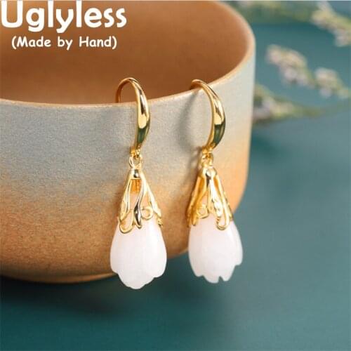 Uglyless Elegant Magnolia Flowers Earrings Women Natural Jade Gemstones Jewelry Gold Brincos Romantic Floral Earrings 925 Silver