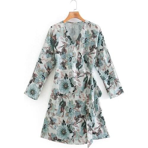 Spring and summer ladies floral print dress long sleeve V-neck elegant temperament cocktail party club dress
