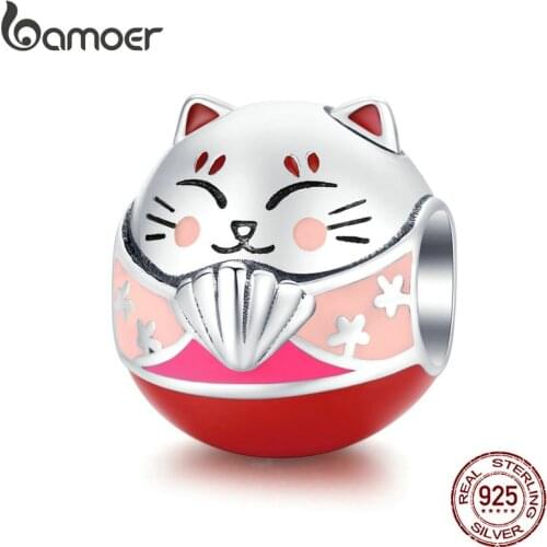 Bamoer Japan Kitty Cat Round Metal Beads for Women Charm Silver 925 Original Bracelet Bangle Enamel Funny DIY Jewelry SCC1341