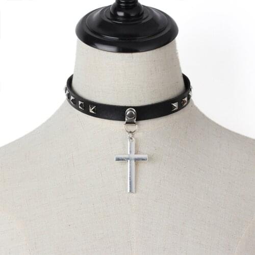 Women Punk Gothic Leather Choker Chain Cross Pendant Buckle Collar Rivet Goth Necklace Party Grunge Jewelry Neck Accessories