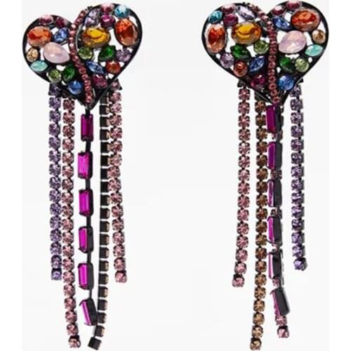 ZA Earrings Vintage Multicolor Rhinestone Heart Drop Earrings For Women Trendy Long Chain Tassel Dangle Earring Ladies Jewelry