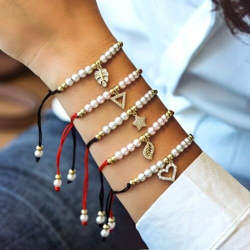 Fashion New Heart Leaf Charm Bracelet Women Adjustable Imitation Pearls Braided Macrame Beads Bracelet For Women Jewelry Gift