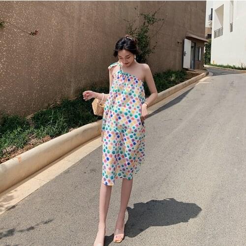 Women Dress 2021 New Holiday Beach Dress Printed Colorful Polka-dot Suspender Dress Slanted Shoulder Halter Loose Pajama Dress