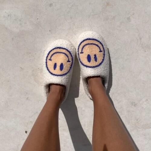 Winter House Girls Fur Slippers Cute Smiley Pattern Women Fluffy Slippers Winter Warm Bedroom Ladies Cotton Plush Shoes