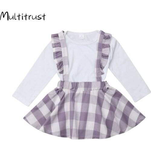 2PCS Newborn Kid Baby Girls Tops Long Sleeve Romper Plaids Overall Skirt Suspender Dress Outfits 0-24M