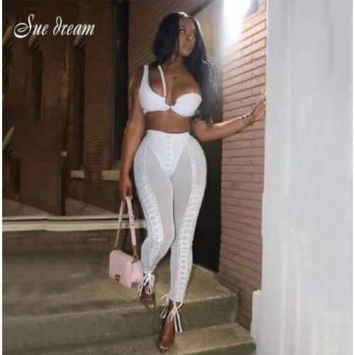 2020 Summer New Sexy White Womens Set One Shoulder Top & Tpencil Trousers 2 Two-piece Club Celebrity Party Bodycon Pants Set