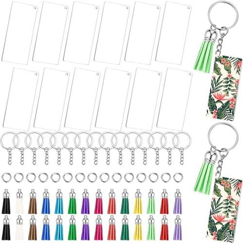 88pcs Acrylic Keychain Blanks with Key Rings Rectangle Clear Discs Circles Colorful Tassel Pendants for DIY Projects Crafts