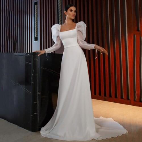 Eightree Simple Wedding Dresses White Square Collar A-Line Bridal Dress Satin Puff Sleeve Boho Beach Wedding Gowns Custom Size