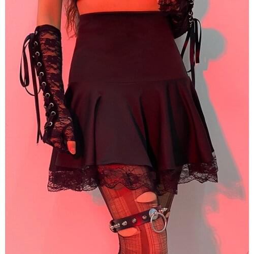 Black Pleated Lace Patchwork Mall Goth Emo Y2K Mini Skirt for Teen Girls Kawaii High Waisted 2000s Aesthetic Egirl Skirt