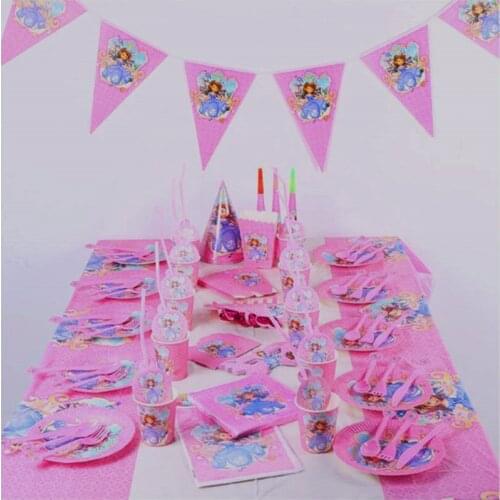 Princess Sofia Theme Cartoon Party Supplies Tablecloth Plates Cup Banner Baby Shower Favors 1st Birthday Party Decorations Kids
