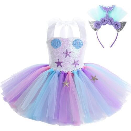 Kids Girls Mermaid Cosplay Costumes Dress Sparkly Sequins Mesh Tulle Tutu Dress with Hair Hoop for Halloween Carnival Party