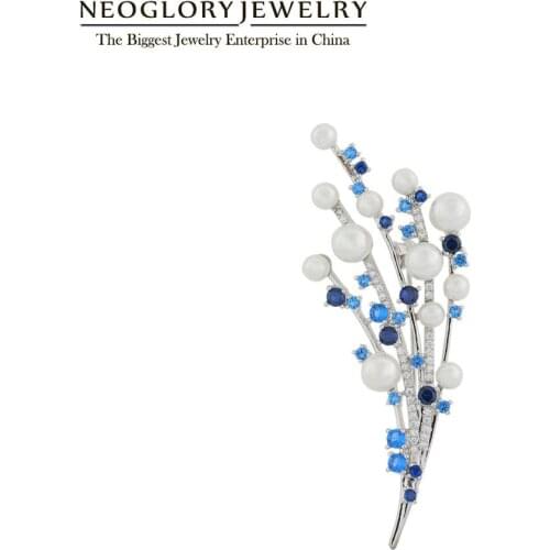 Neoglory Elegant Flower Bouquet Pearl Crystal Brooches For Women CZ Blue Pink White Fashion Pin For Party Gift For Mother‘s Day