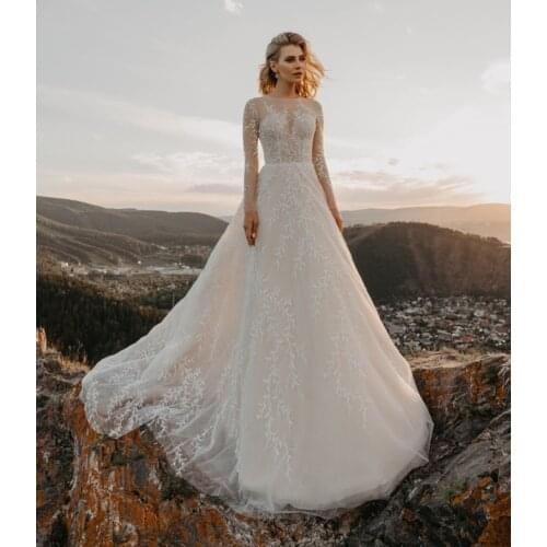 Elegant Boho Wedding Dress Long Sleeves Lace Princess Tulle Bride Dresses Appliques A-Line Wedding Gown White Ivory