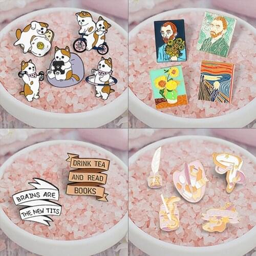 Cats Artist Dream Oil Painting Enamel Pins The Scream Sunflower Van Gogh Palette Clock Fun Banner Cat Bike Dumbbells Brooches Je