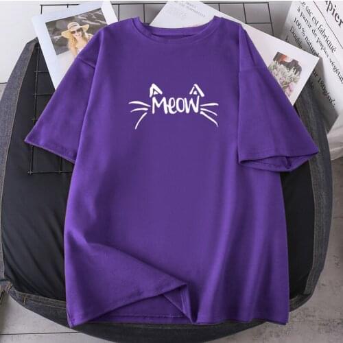 Meow Cat Funny Print T-shirts Ladys Summer Loose Female O-neck Hip Hop 2021 Tees Streetwear Short Sleeve Polyester Camisetas