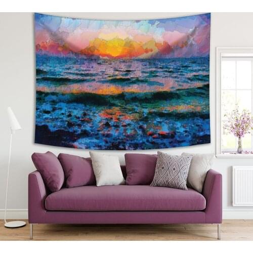 Tapestry Sunset on Stormy Sea Waves Nature Seascape Evening View Oil Painting Art Printed Blue Orange Pink